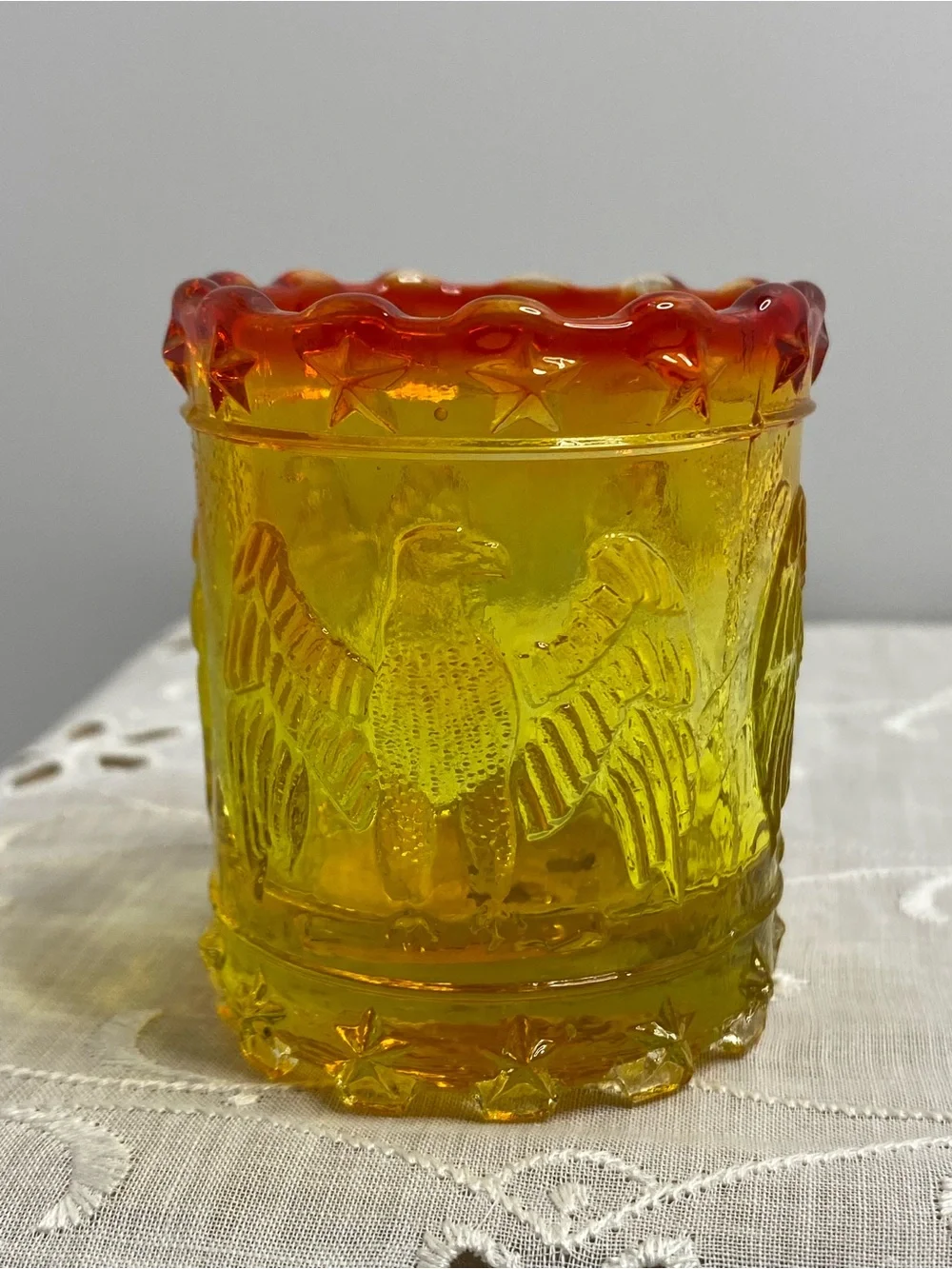Vintage Kanawha Amberina Glass Toothpick Holder Eagle and Stars Patriotic Design